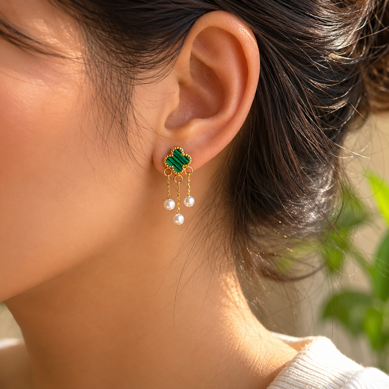 Emerald Clover Pearl Earrings