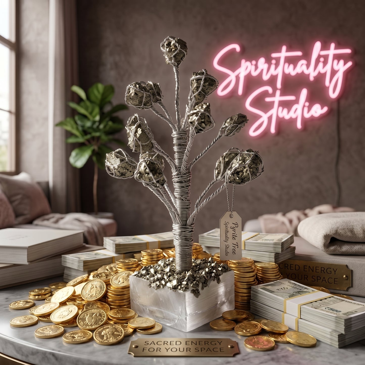 Pyrite Tree with Selenite Base