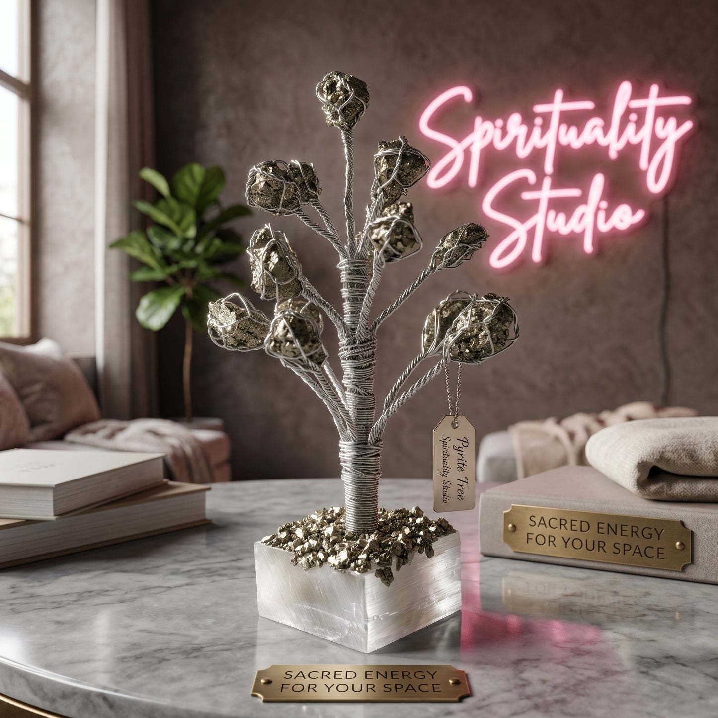 Pyrite Tree with Selenite Base