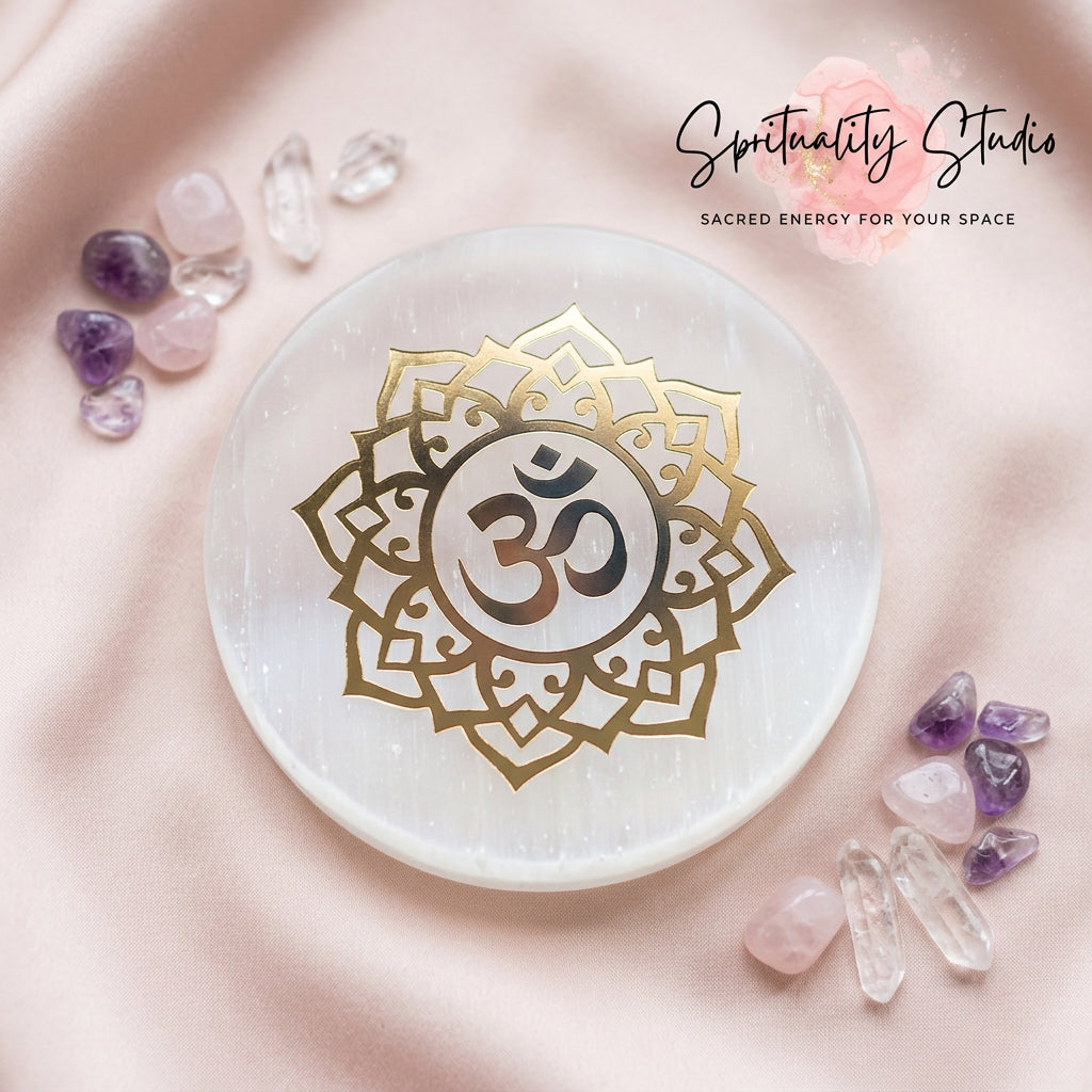 Sacred Om Selenite Crystal Plate